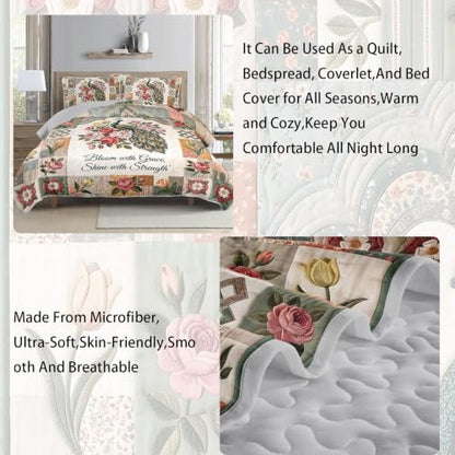 Queen Size Patchwork Peacock Bedspread Coverlet Set - 3 Pieces, Pink Roses & Floral Quilt with Pillow Shams, Green Metallic Tail Design, Garden Room Decor