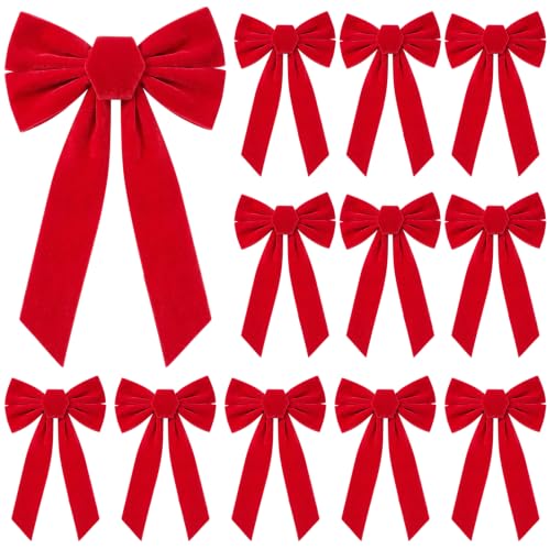 12PCS Velvet Red Christmas Bows for Holiday Decor 13x9 Inches