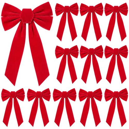 12PCS Velvet Red Christmas Bows for Holiday Decor 13x9 Inches