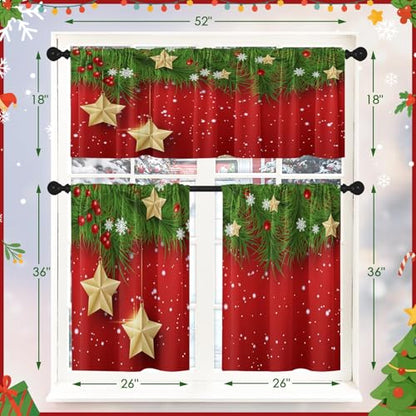 Christmas Kitchen Curtains Set Pine Red 52x36 Inch Window Decor with Valance & Tiers