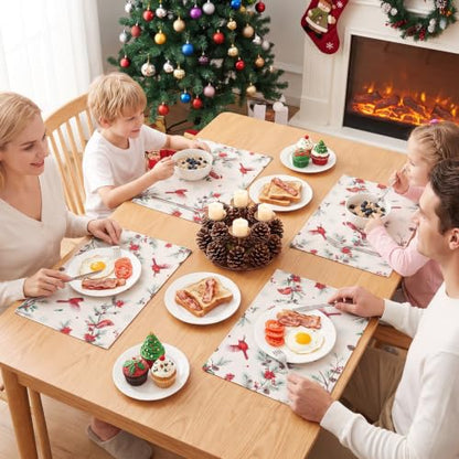 Red Cardinal Bird Christmas Placemats Set of 4 Water Resistant Holiday Table Decor