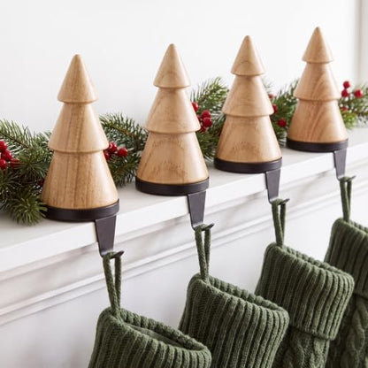 Natural Wooden Christmas Stocking Holder Set - 4 Pack, Mantle Decor