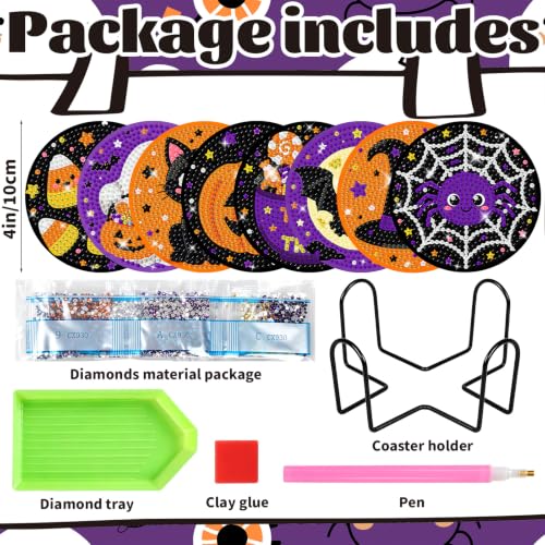 Halloween Diamond Art Coaster Set with Holder - Cat Spider Pumpkin Bat Ghost DIY Crafts Kit - Variation Halloween-7