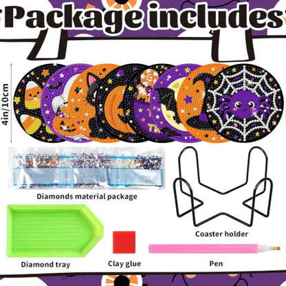 Halloween Diamond Art Coaster Set with Holder - Cat Spider Pumpkin Bat Ghost DIY Crafts Kit - Variation Halloween-7