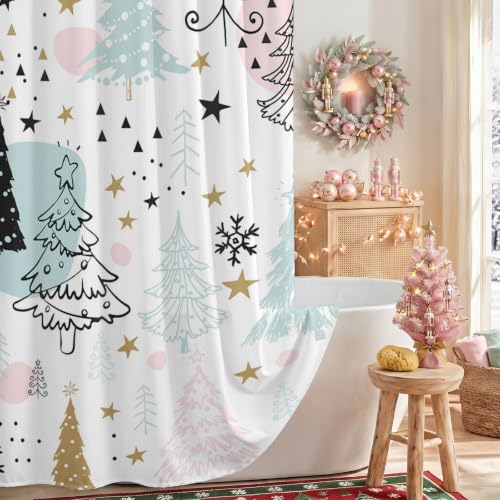 Pastel Christmas Tree Shower Curtain 72x72 Inch Pink Snowflakes Bathroom Decor