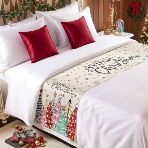 83x20 Beige Christmas Tree Bed Runner Scarf Full Queen Size Winter Holiday Decor