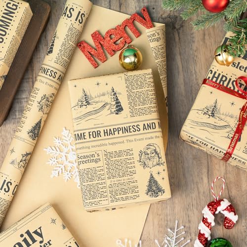 Christmas Newspaper Wrapping Paper Roll - Kraft Gift Wrap with Festive Headlines, 30 in x 32.8 ft, Vintage Holiday Design