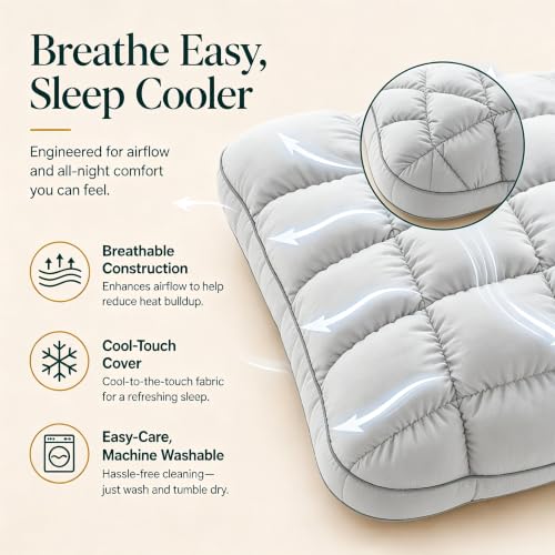 Grey Japanese Plof Pillow - Breathable Quilted Grid Bed Pillow with Neck Support