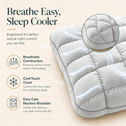 Grey Japanese Plof Pillow - Breathable Quilted Grid Bed Pillow with Neck Support