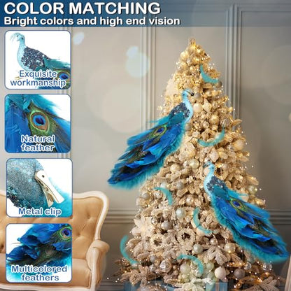 2 Pack Peacock Christmas Tree Ornaments Long Tail Feather Glitter Bird Decorations Classic Style