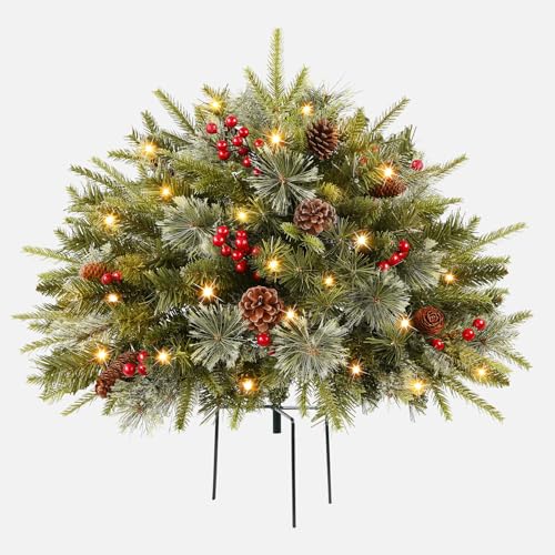18Inch Artificial Christmas Urn Filler with Pre-Lit Tree and Decorations - Outdoor Holiday Decor