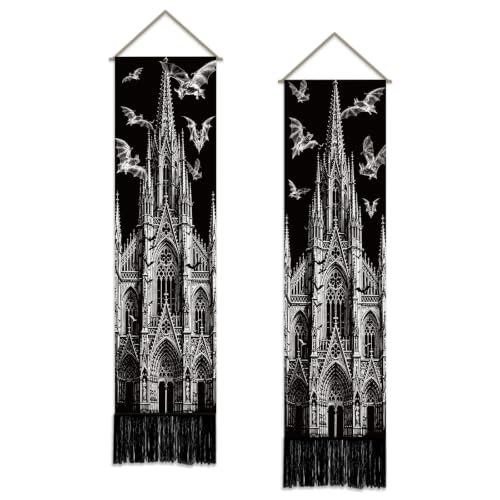 Halloween Bat Castle Gothic Cathedral Wall Tapestry Set - Black & White Decor