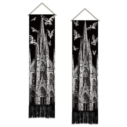 Halloween Bat Castle Gothic Cathedral Wall Tapestry Set - Black & White Decor