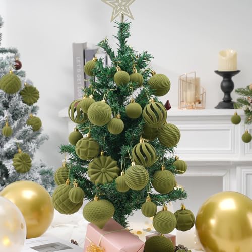 Velvet Christmas Ornaments Set 48pcs Green Shatterproof Holiday Decorations