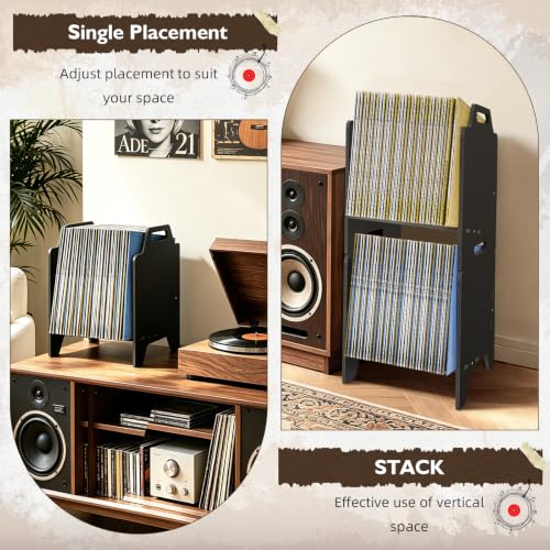 Black Vinyl Record Storage Organizer Rack, 2 Pack Stackable LP Shelf for Albums & More