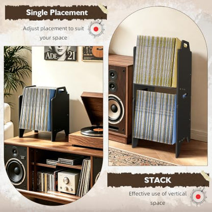 Black Vinyl Record Storage Organizer Rack, 2 Pack Stackable LP Shelf for Albums & More