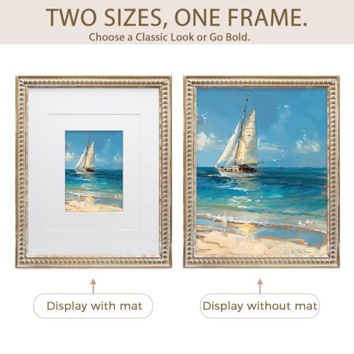 11x14 Rustic Wood Picture Frame with Mat & Beaded Edge - Natural / 8x10