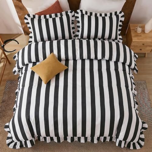 King Size Cotton Comforter Set Black & White Wide Stripes Ruffled Edges - All Seasons