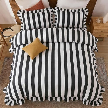 King Size Cotton Comforter Set Black & White Wide Stripes Ruffled Edges - All Seasons