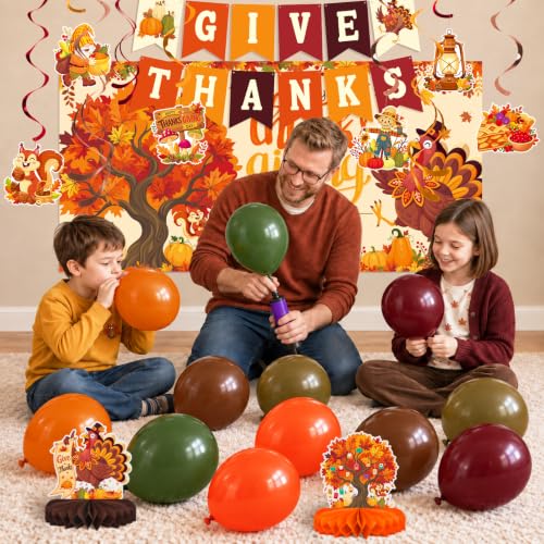Thanksgiving Decorations Kit with Give Thanks Banner, Balloons & Backdrop - Fall Harvest Celebration Set