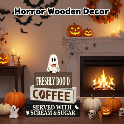 Oat Halloween Wooden Coffee Decor Set - Ghost & Slogan Farmhouse Holiday Decorations