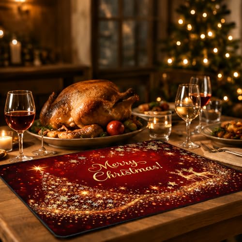 Christmas Stove Cover - Merry Christmas! Red Glitter Reindeer & Tree Decor, Heat Resistant Non-Slip 28x20in