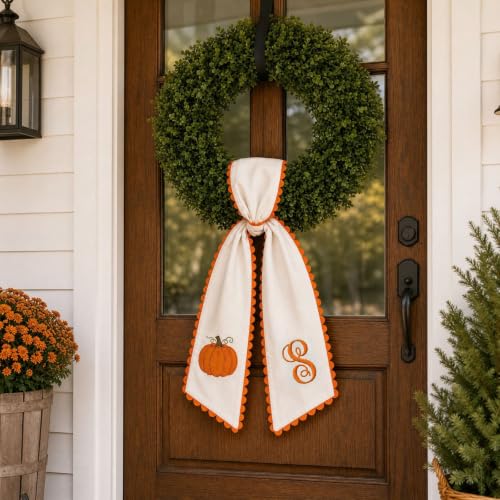 Fall Wreath Sash for Front Door with Embroidered Pumpkin & Scalloped Trim - S Variation