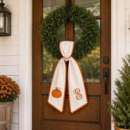 Fall Wreath Sash for Front Door with Embroidered Pumpkin & Scalloped Trim - S Variation