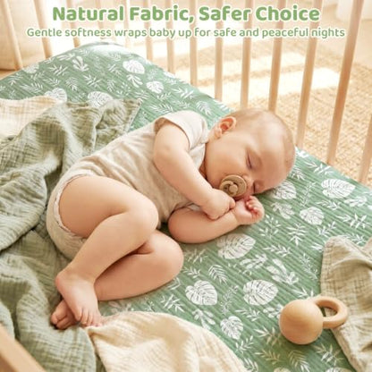 2-Pack Baby Muslin Crib Sheets - Green Leaf, 52 x 28 Inches, Elastic Fit