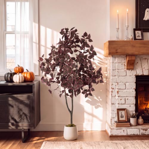 4ft Fall Artificial Tree with Plum Purple Heart-Shaped Leaves and Pot - Porch Decor, Variation of Plum Cimicifuga / 3.9ft