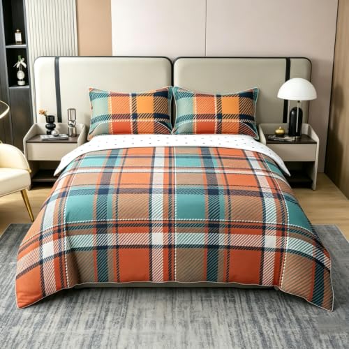 Orange White Autumn Grid Queen Duvet Cover Set Gingham Plaid Geometric