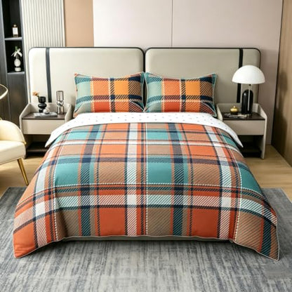 Orange White Autumn Grid Queen Duvet Cover Set Gingham Plaid Geometric