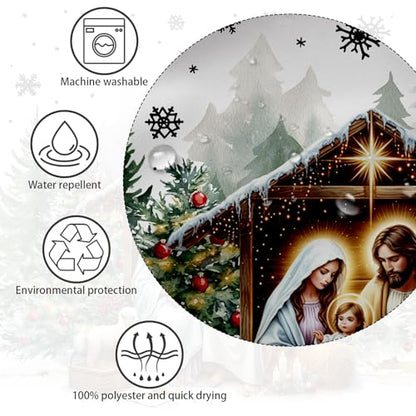Christmas Birth of Jesus Shower Curtain with Snowflake Forest Design - Waterproof Polyester, 72x72 in