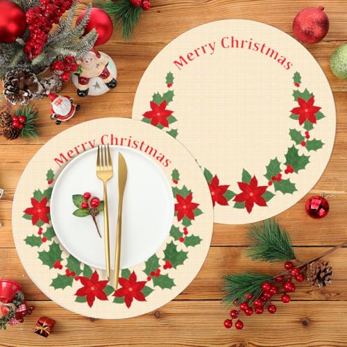 Set of 8 Christmas Poinsettia Round Placemat Protectors - Red & Green Embroidered Table Mats