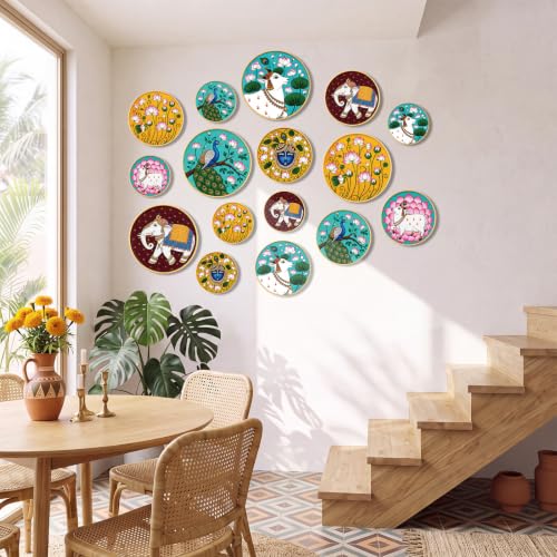 Indian Pichwai Wall Art Set - 18 Decorative Round Plates for Home & Diwali Decor - Variation of Pichwai