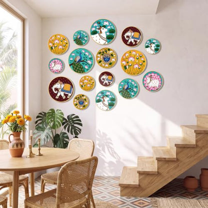 Indian Pichwai Wall Art Set - 18 Decorative Round Plates for Home & Diwali Decor - Variation of Pichwai