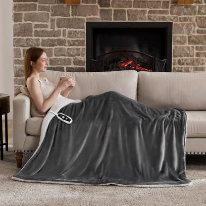 Grey Heated Blanket Electric Throw 50x60 Inches Soft Flannel Sherpa