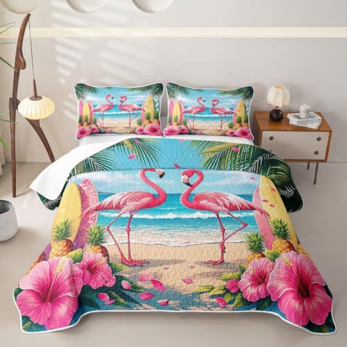 Pink Flamingo Queen Quilt Bedding Set with Pillow Shams - Tropical Beach Decor