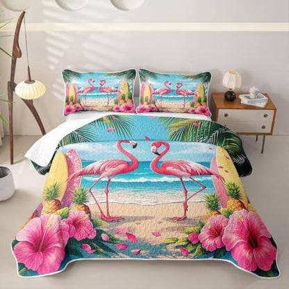 Pink Flamingo Queen Quilt Bedding Set with Pillow Shams - Tropical Beach Decor