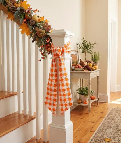 Fall Ribbon Wreath Sash for Front Door Orange Thanksgiving Decor - Variation: Orange Plaid