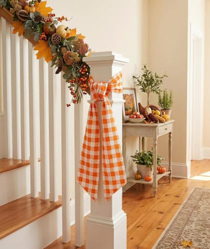 Fall Ribbon Wreath Sash for Front Door Orange Thanksgiving Decor - Variation: Orange Plaid
