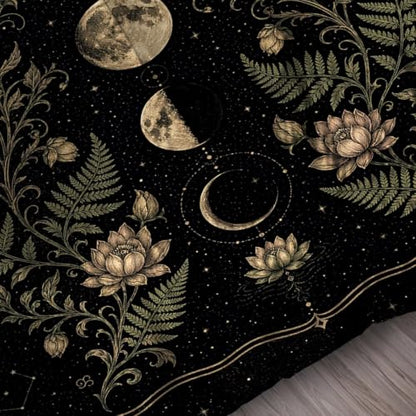 Moon Phase Queen Comforter Set - Celestial Bedding with Botanical Design - Variation Moon 01