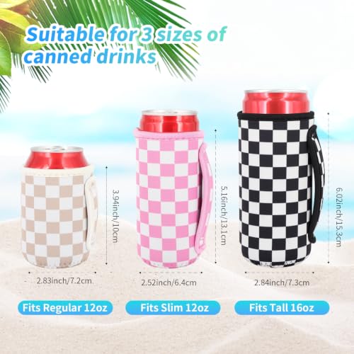 Checkerboard Reusable Can Sleeve with Handle - Set of 3 Insulated Drink Sleeves
