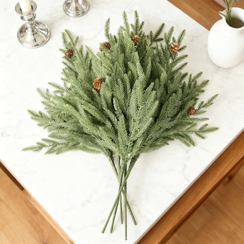 Christmas Pine Stems Faux Pine Branches with Cones - Green & Brown 6PCS, 22.4"