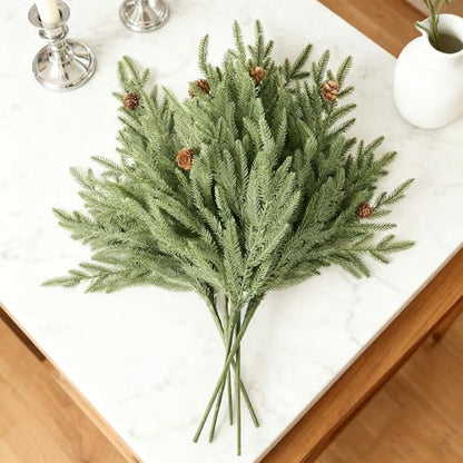 Christmas Pine Stems Faux Pine Branches with Cones - Green & Brown 6PCS, 22.4"
