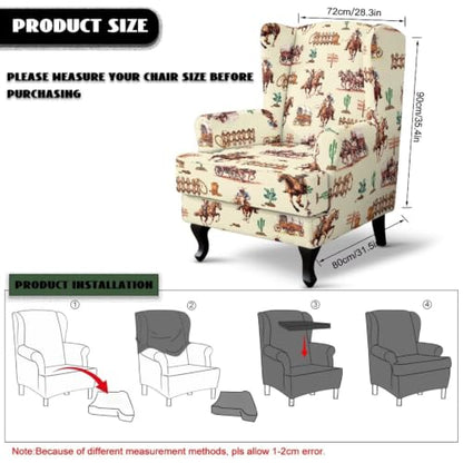 Western Cowboy Horse Wingback Chair Cover Reversible Dustproof Slipcover with Ottoman Protector - Fits Most Wing Chairs, Washable, Furniture Protector