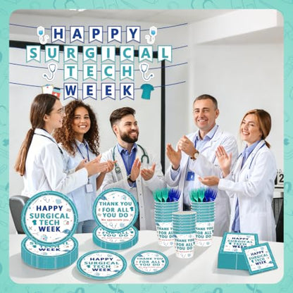 Surgical Tech Party Plate Set - Disposable Plates Cups Napkins Forks Banner for 25 Guests