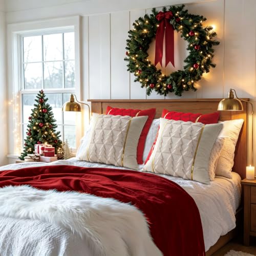 Christmas Tree Throw Pillow Covers 18x18 Inch Set of 2 Beige Faux Fur Holiday Decor