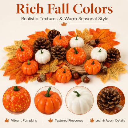 Fall Decor Set with Pumpkins Acorns Pinecones and Leaves - 51 Pieces