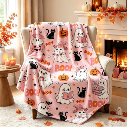 Pink Ghost Halloween Throw Blanket with Pumpkin & Black Cat Design - 50x60 Inches - Cozy Microfiber Decor